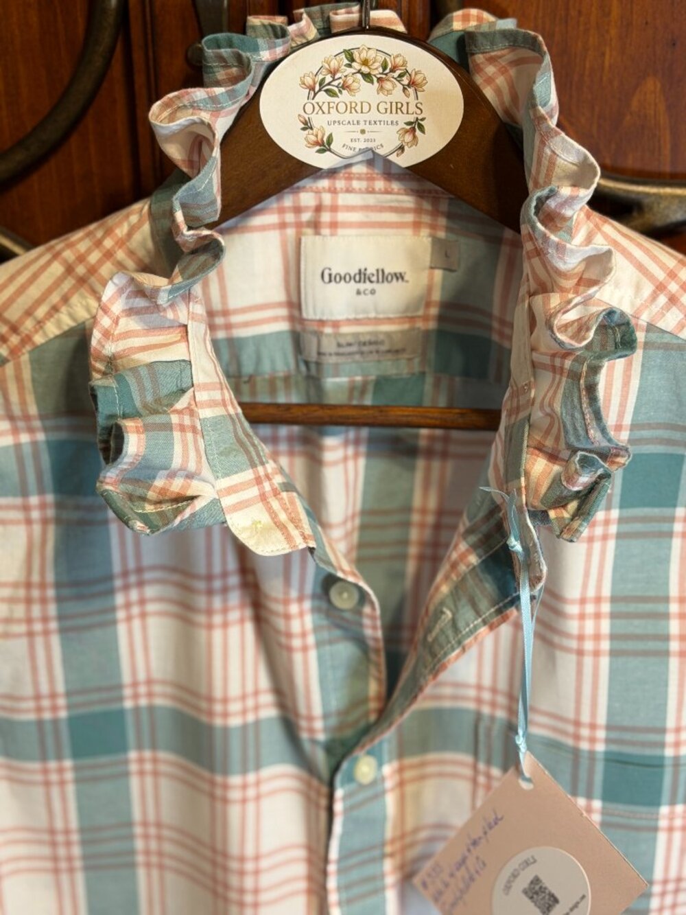 Upcycled/Reworked ruffle collar/Goodfellow cream, sage, blush plaid Oxford / L